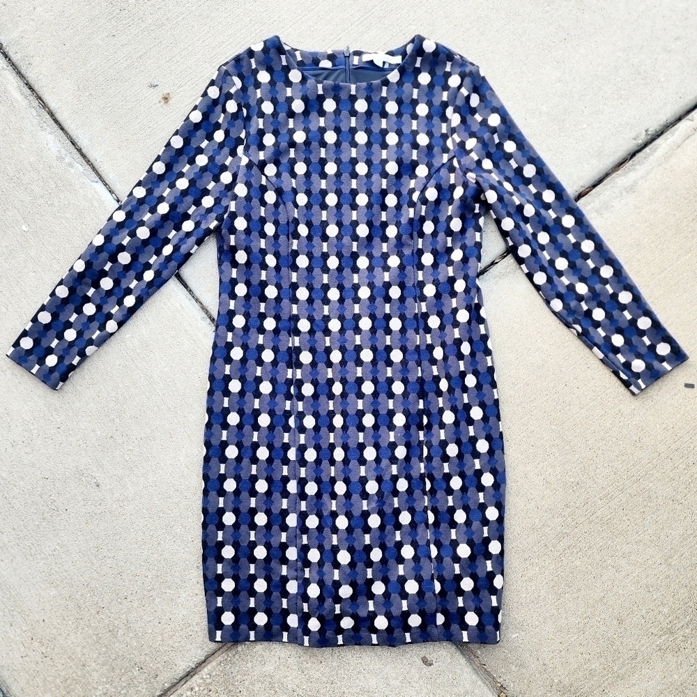 Boden Polka Dot Long Sleeve Dress Women's Size 12 Blue Grey Cotton Blend EUC